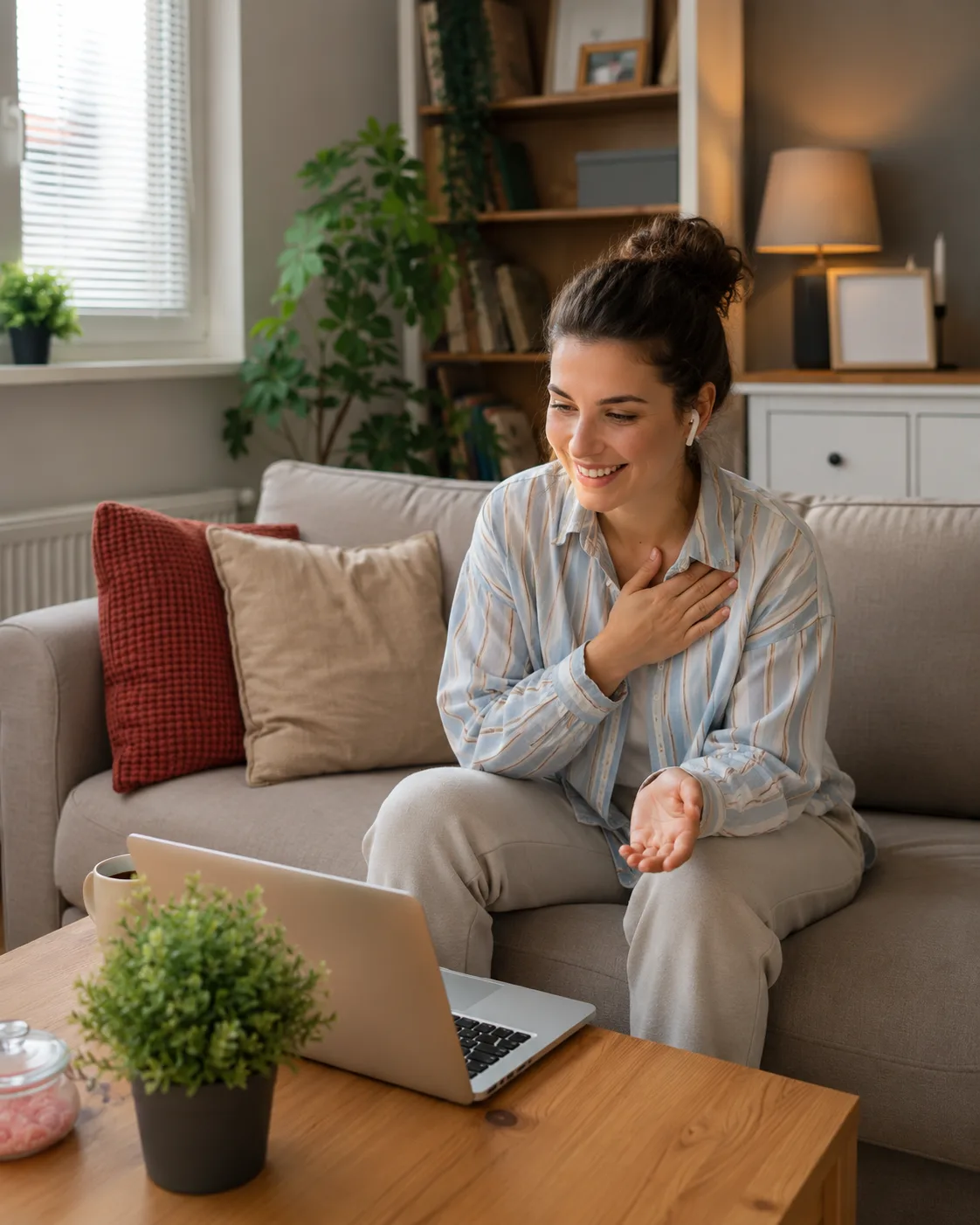 A young woman in a telehealth therapy session on her laptop with WorthyMind Practice — online mental health care serving Westchester County, NY