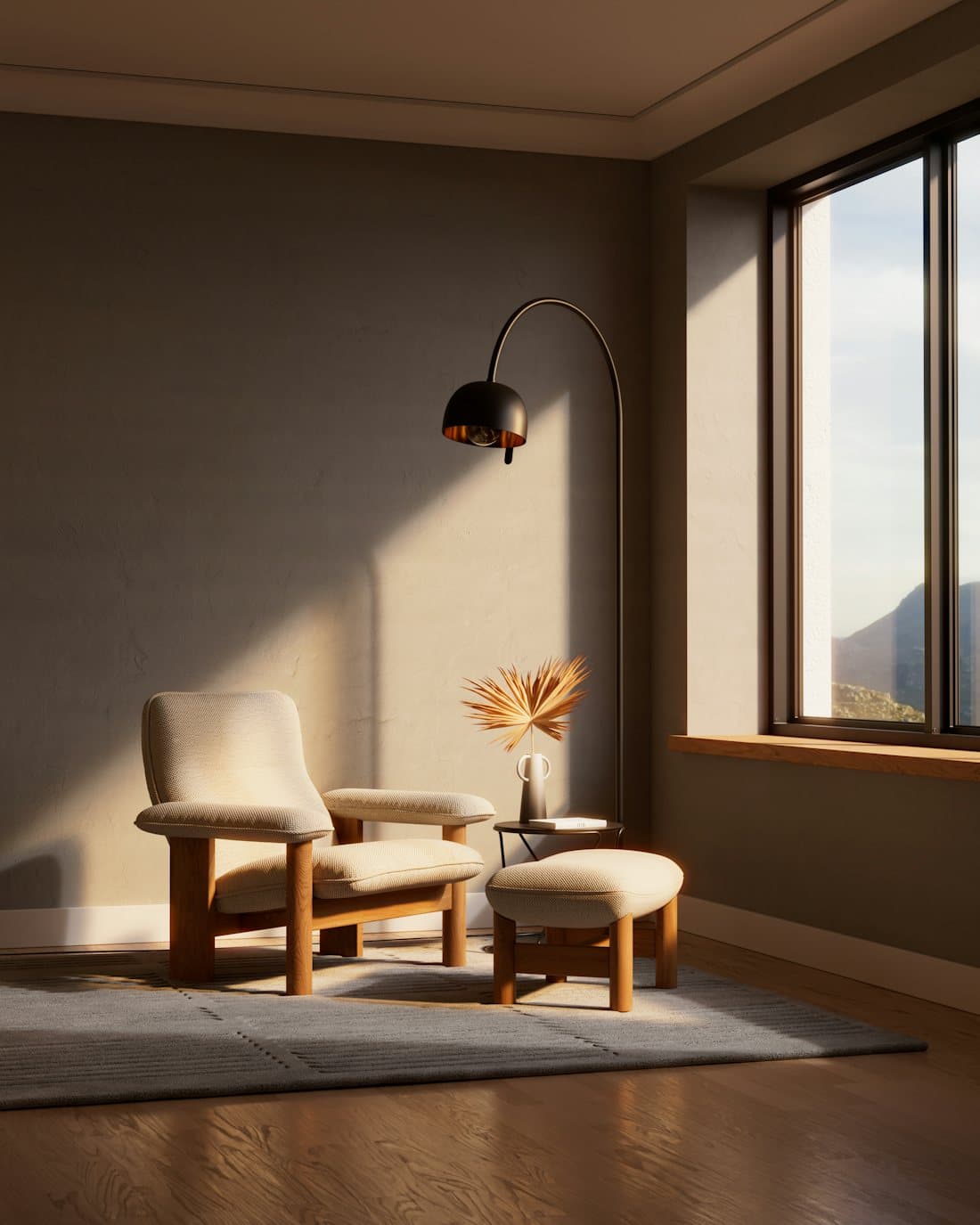 A cozy reading chair and ottoman bathed in warm afternoon light